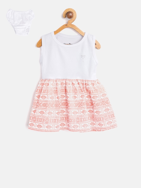 

Palm Tree Girls White & Peach-Coloured Printed Fit & Flare Dress