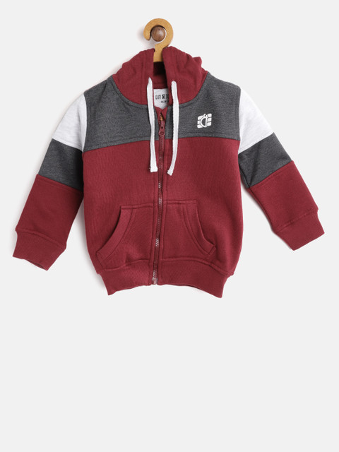 

Gini and Jony Boys Maroon & Grey Colourblocked Hooded Sweatshirt