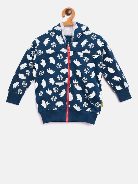 

Gini and Jony Boys Teal Blue & White Printed Hooded Sweatshirt