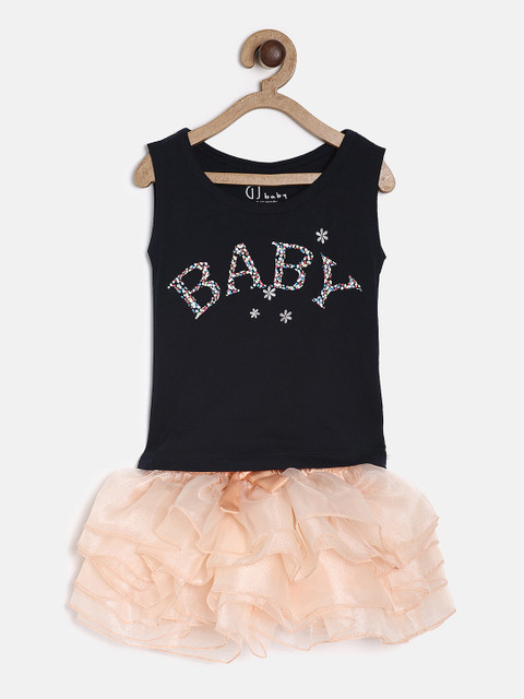 

Gini and Jony Girls Coral & Black Printed T-shirt with Skirt
