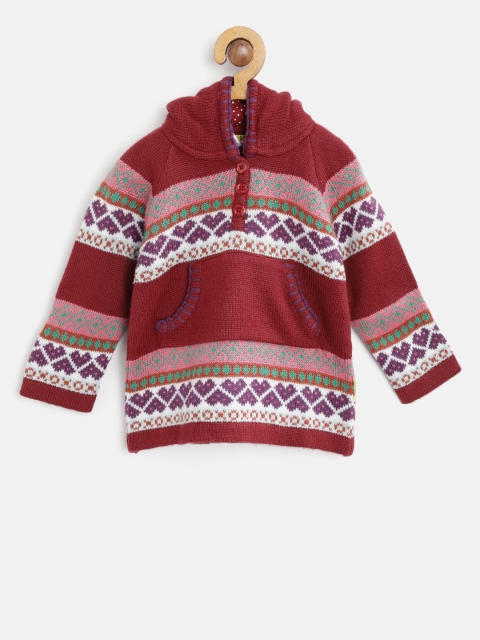 

Gini and Jony Girls Maroon & White Self Design Hooded Pullover