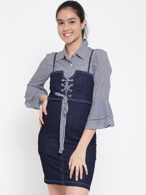 

Natilene Girls Navy Blue & White Checked Shirt with Skirt