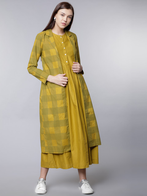 

Vishudh Women Green Checked Shirt Dress with Front Open Jacket