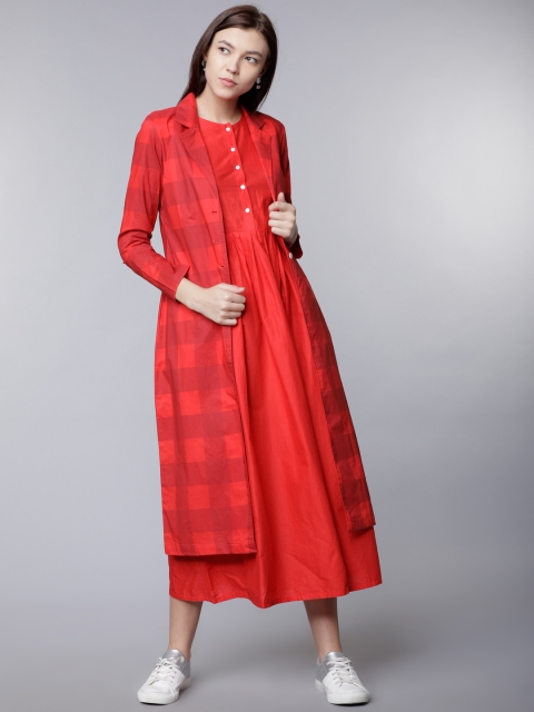 

Vishudh Women Red Checked Shirt Dress with Front Open Jacket