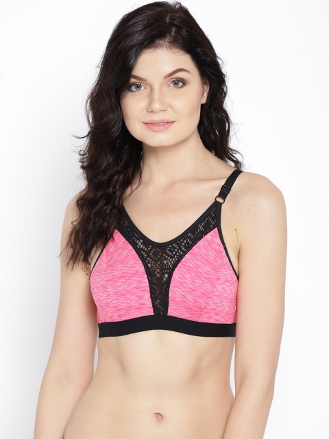 

Clovia Non-Wired Spacer Cup Sports Bra With Crochet Panels, Pink