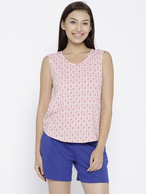

Clovia Peach-Coloured & Blue Printed Lounge Set LS0340P22XL