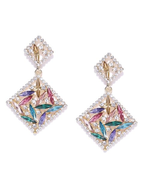 

Crunchy Fashion Gold-Toned & Green Diamond-Shaped Drop Earrings