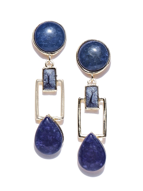 

Crunchy Fashion Navy Blue & Gold-Toned Stone-Studded Geometric Drop Earrings