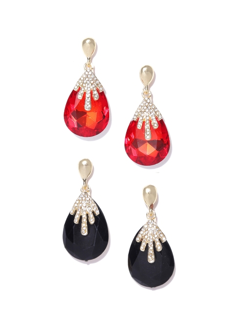 

Crunchy Fashion Set of 2 Stone-Studded Teardrop Shaped Drop Earrings, Red