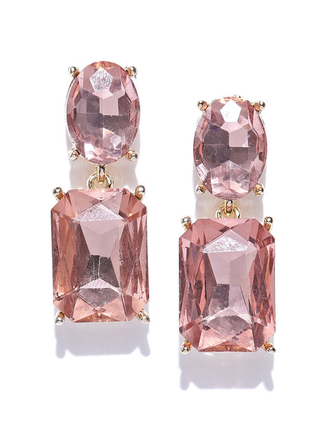 

Crunchy Fashion Peach-Coloured & Gold-Toned Stone-Studded Contemporary Drop Earrings