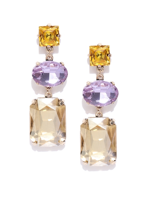 

Crunchy Fashion Gold-Toned & Purple Stone-Studded Geometric Drop Earrings
