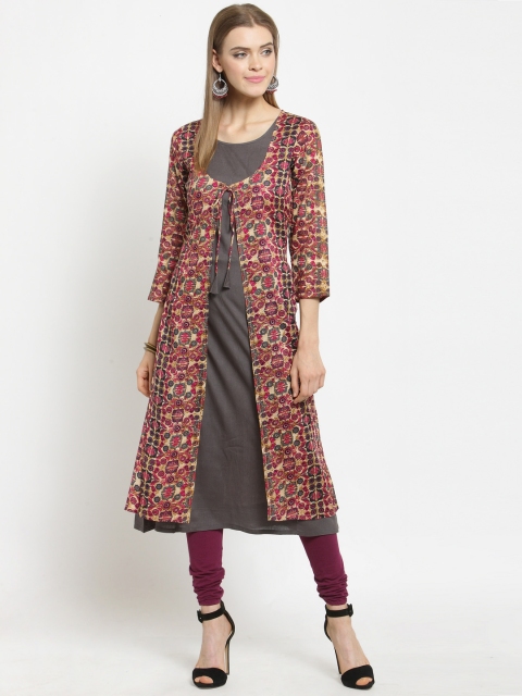 

Jompers Women Pink & Grey Printed A-Line Kurta