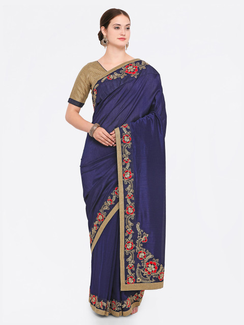 

Indian Women Navy Blue & Coral Pure Silk Embroidered Saree