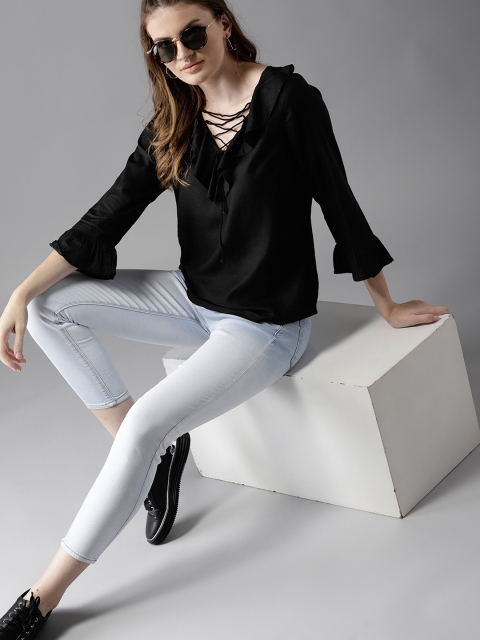 

HERE&NOW Women Black Solid Ruffled Top