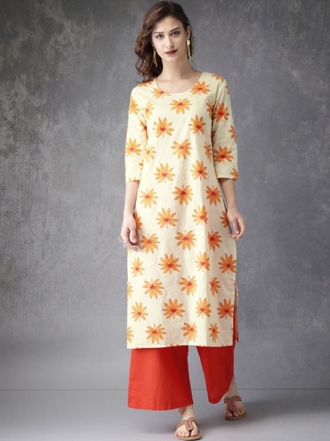 

Anouk Women Cream-Coloured & Orange Printed Kurta with Palazzos