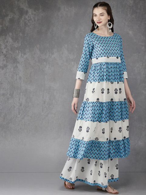 

Anouk Women Blue & White Printed Kurta with Sharara