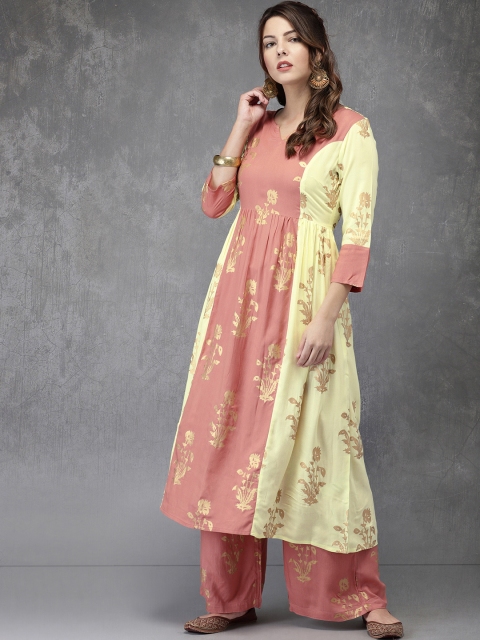 

Anouk Women Peach-Coloured & Yellow Printed Empire Line Kurta with Palazzos