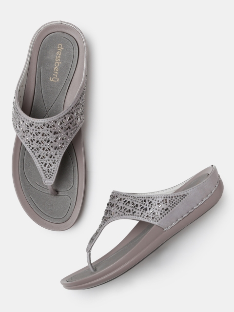 

DressBerry Women Grey Embellished T-Strap Flats