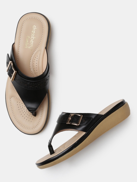 

DressBerry Comfort Women Black Solid T-Strap Flats with Buckle Detail