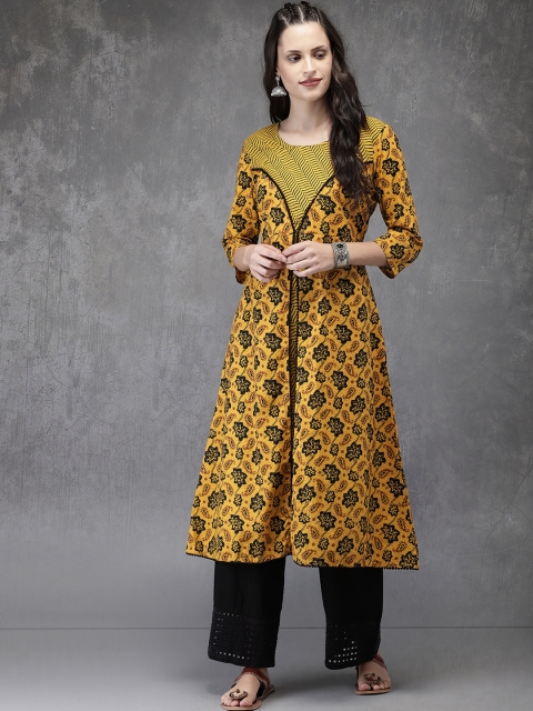 

Anouk Women Yellow & Black Printed A-Line Layered Kurta