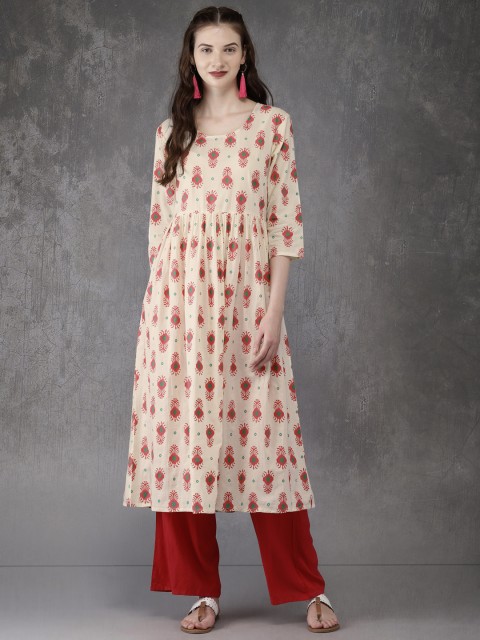 

Anouk Women Cream-Coloured Printed A-Line Kurta