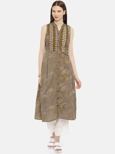

Anouk Women Olive Green & Grey Printed A-Line Kurta