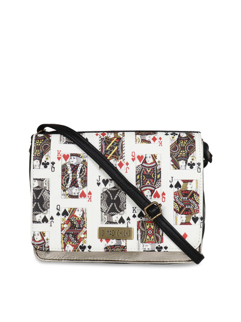 

3 Mad Chicks White Printed Sling Bag