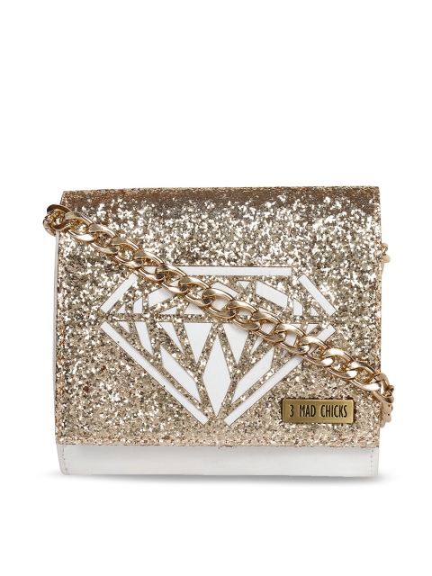 

3 Mad Chicks Gold-Toned & White Embellished Sling Bag