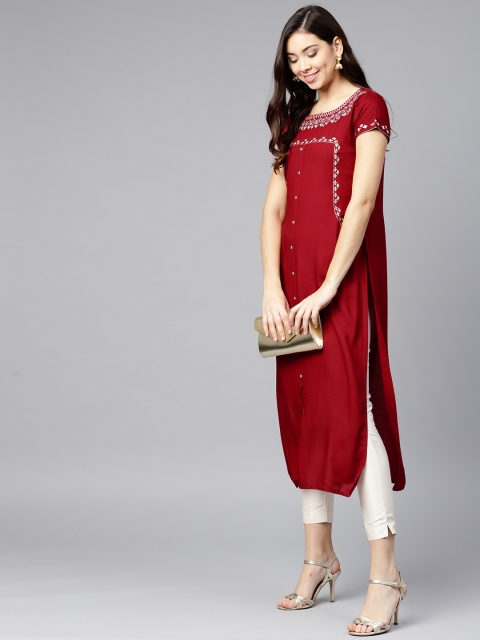

Varanga Maroon Embroidered Straight Kurta, Red