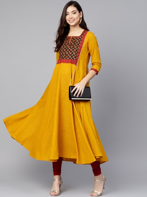 

Varanga Women Mustard Yellow & Coffee Brown Yoke Design A-Line Kurta