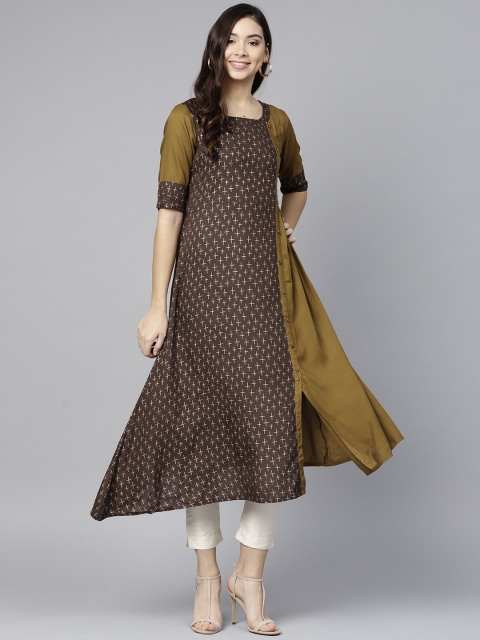 

Varanga Olive Embroidered A Line Kurta, Brown
