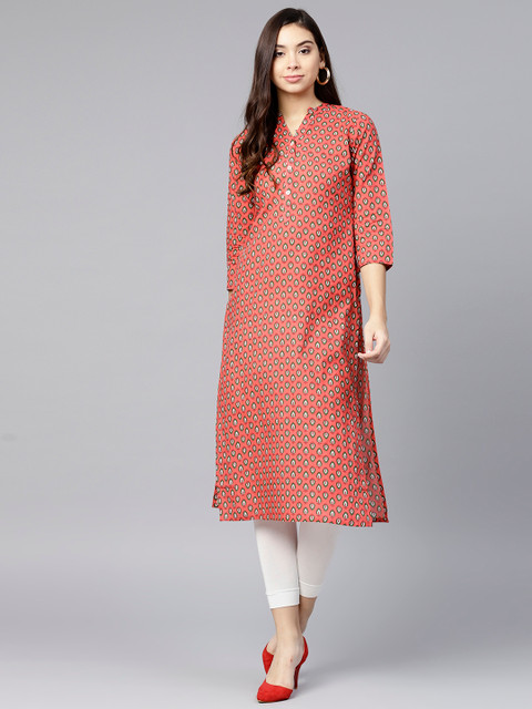 

Varanga Women Coral Orange & Green Printed Straight Kurta