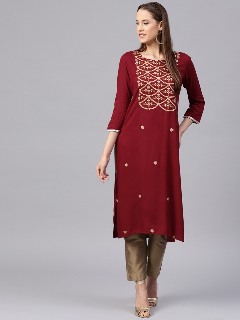 

Varanga Maroon Embroidered Straight Kurta