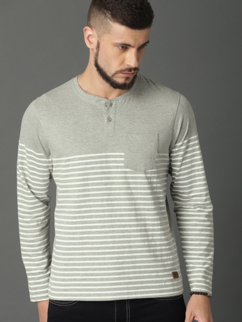 

Roadster Men Grey White Striped Henley Neck Pure Cotton T-shirt