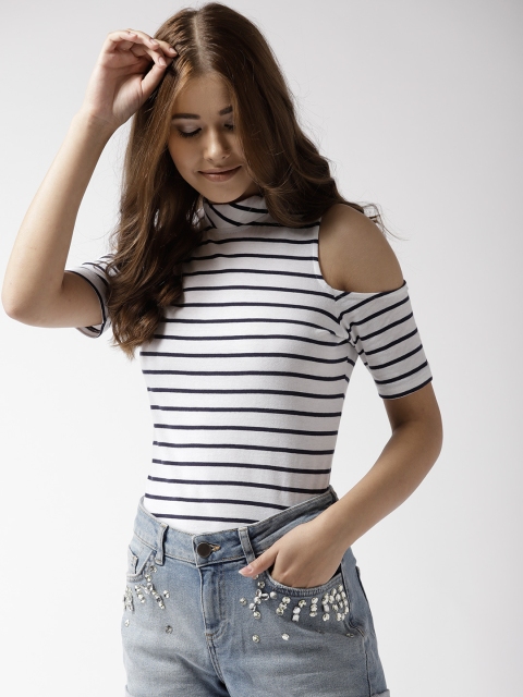 

20Dresses Women White Striped Cold-Shoulder Fitted Top