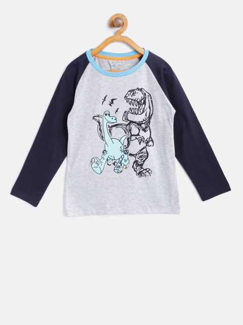 

Lazy Shark Boys Grey Melange & Navy Graphic Print Round Neck Full Sleeve T-shirt