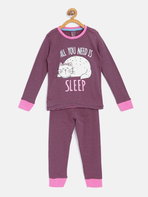 

Lazy Shark Girls Pink & Black Striped Night Suit with Printed Detail LSNF0024-67