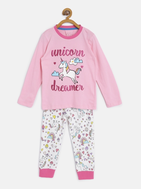 

Lazy Shark Girls Pink & White Printed Night Suit GDRS0113-67
