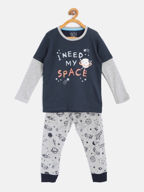 

Lazy Shark Boys Navy Blue & Grey Melange Printed Night Suit LSNF0020-67