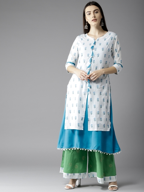 

HERE&NOW Women White & Green Printed Layered Kurta with Palazzos