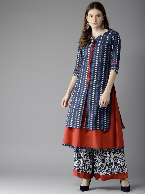 

HERE&NOW Women Navy & Rust Red Printed Layered Kurta with Palazzos, Navy blue
