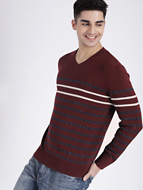 

GAP Men's Burgundy Breton Stripe V-neck Pullover Sweater