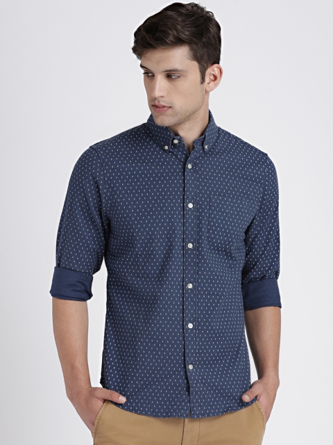 

GAP Men's Navy Pattern Oxford Shirt in Stretch, Navy blue