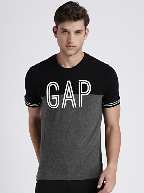 

GAP Men's Charcoal Grey Logo Colorblocked Short Sleeve Cut and Sew Crewneck T-Shirt