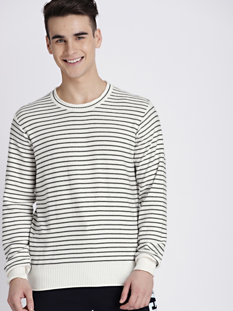 

GAP Men's White & Black Logo Striped Crewneck Pullover Sweater