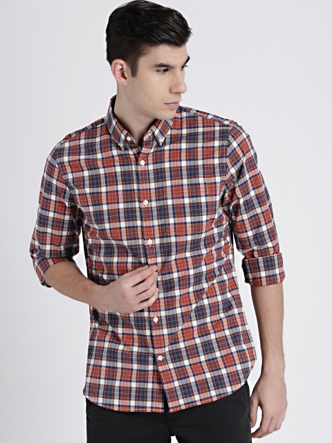 

GAP Men's Rust Orange & Navy Blue Pattern Poplin Shirt in Stretch