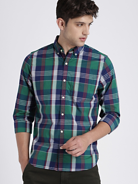 

GAP Men's Green & Navy Blue Poplin Plaid Shirt in Stretch