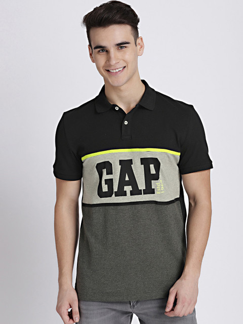 

GAP Men's Grey & Black Logo Colorblocked Polo with Neon Taping
