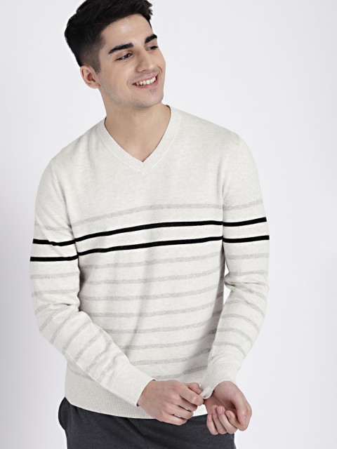 

GAP Men's Cream-Coloured Breton Stripe V-neck Pullover Sweater