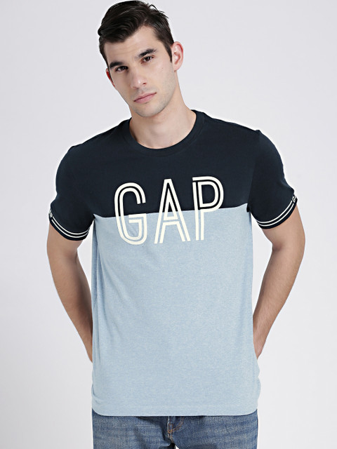 

GAP Men's Blue Logo Colorblocked Short Sleeve Cut and Sew Crewneck T-Shirt